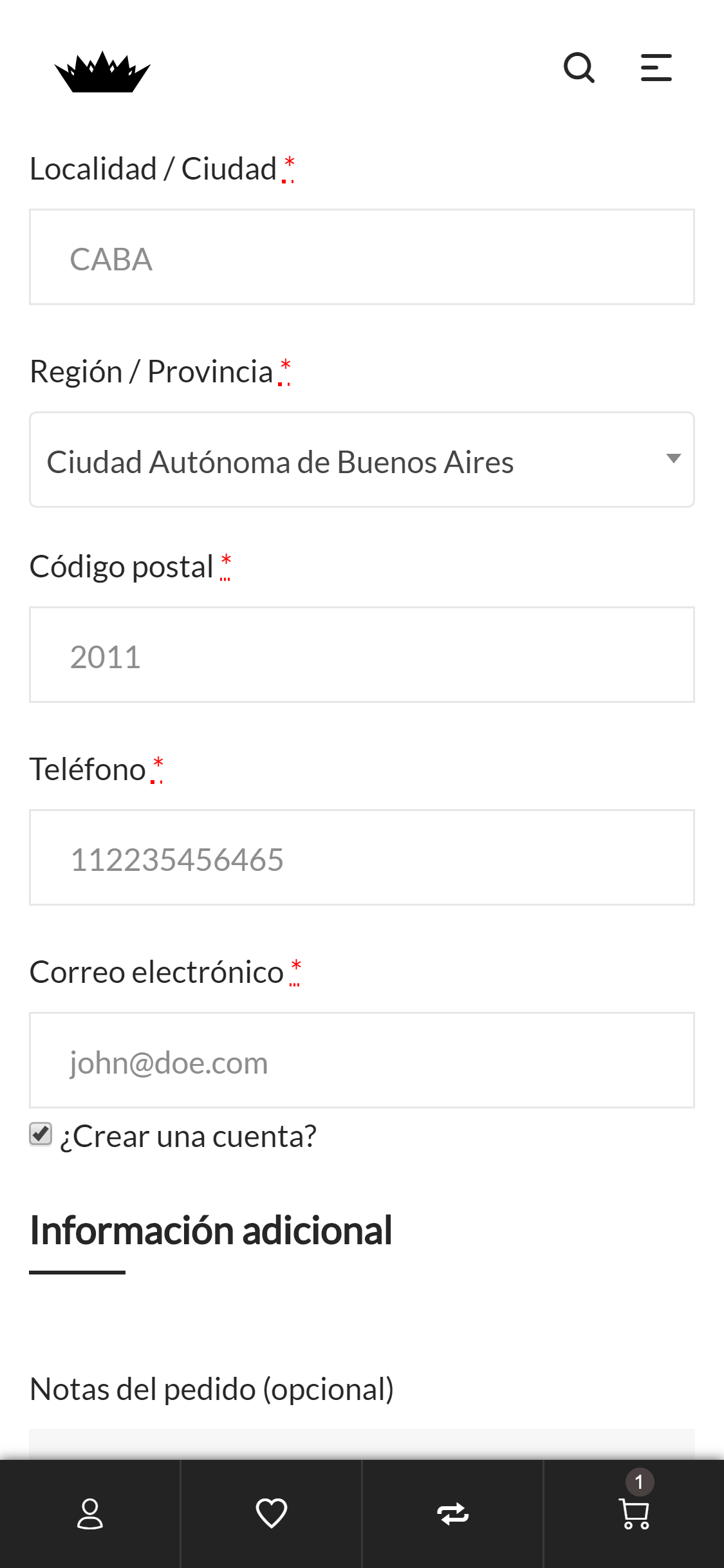 Ciudad, numero de telefono y codigo postal incluyendo tu email de uso habitual